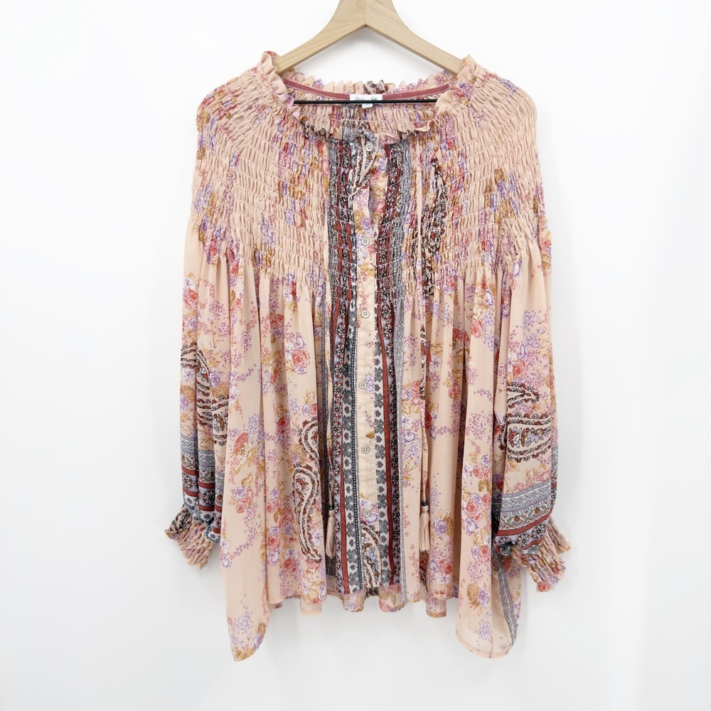 Skylar + Jade Floral Smocked Peasant Top Boho 1X Cottagecore Whimsigoth Prairie